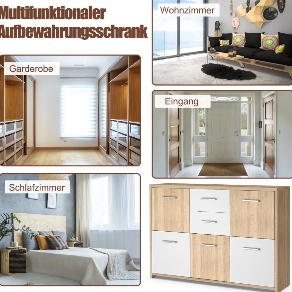 Bodenschrank mit großem Fassungsvermögen 2 Schubladen und 5 Türen bequeme Griffe und rutschfeste Untersetzer hölzerner Lagerschrank
