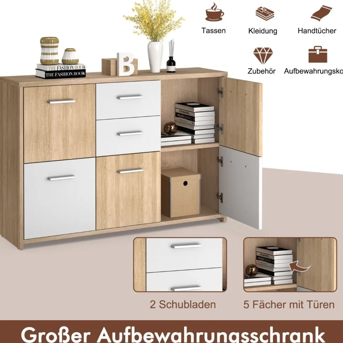 Bodenschrank mit großem Fassungsvermögen 2 Schubladen und 5 Türen bequeme Griffe und rutschfeste Untersetzer hölzerner Lagerschrank
