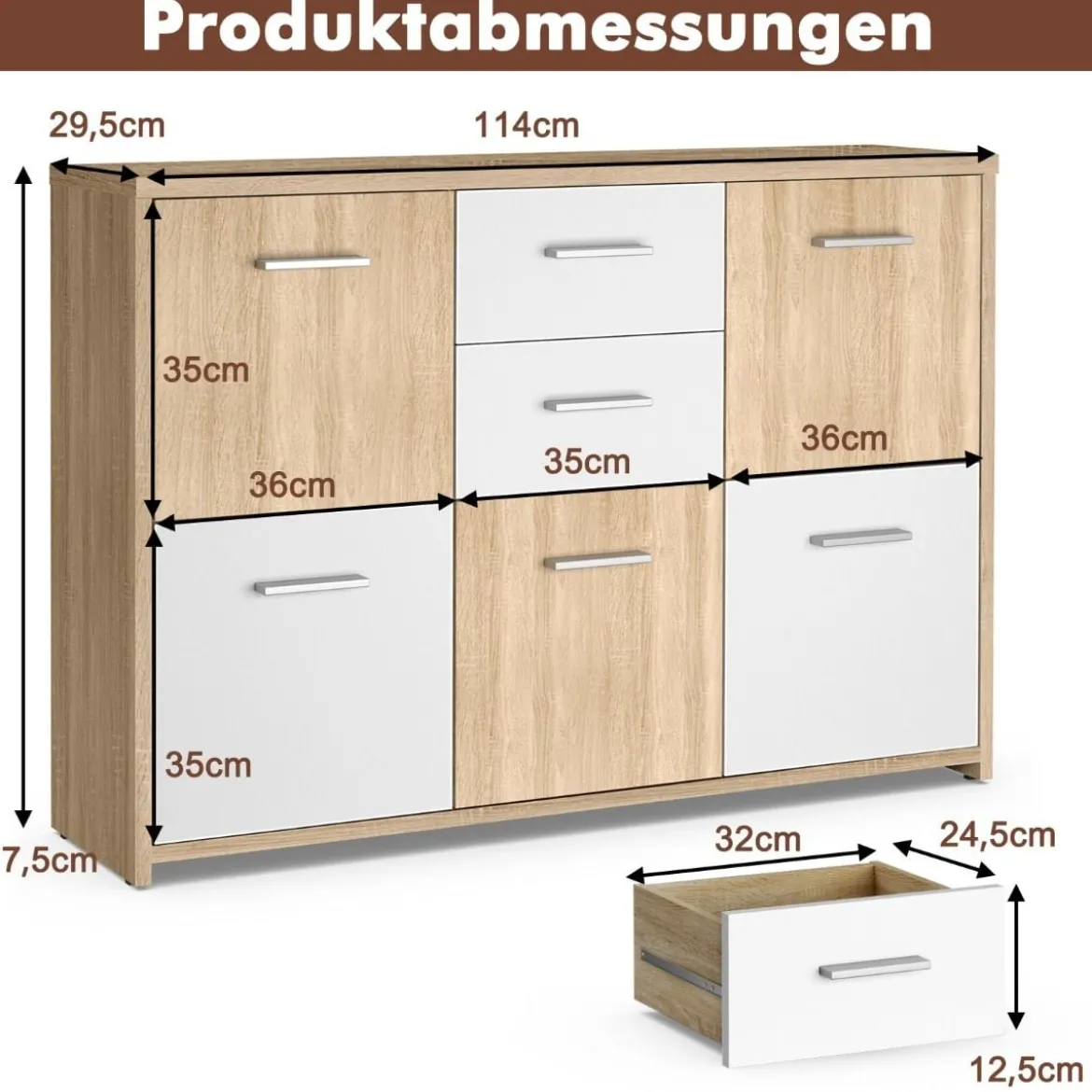 Bodenschrank mit großem Fassungsvermögen 2 Schubladen und 5 Türen bequeme Griffe und rutschfeste Untersetzer hölzerner Lagerschrank