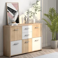 Bodenschrank mit großem Fassungsvermögen 2 Schubladen und 5 Türen bequeme Griffe und rutschfeste Untersetzer hölzerner Lagerschrank