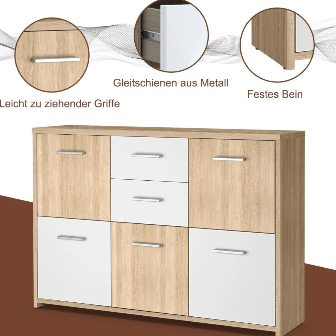 Bodenschrank mit großem Fassungsvermögen 2 Schubladen und 5 Türen bequeme Griffe und rutschfeste Untersetzer hölzerner Lagerschrank