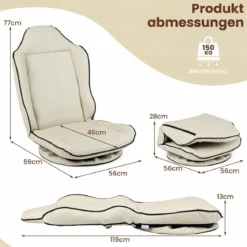 Bodensessel 360° Drehbar Klappbarer Bodenstuhl mit Verstellbarer Rückenlehne 59 x 56 x 77 cm Beige