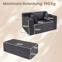 Bodensofa aus Cordstoff mit Hocker Modulares Schlafsofa mit 3 Kissen bis zu 150 kg Belastbar Grau