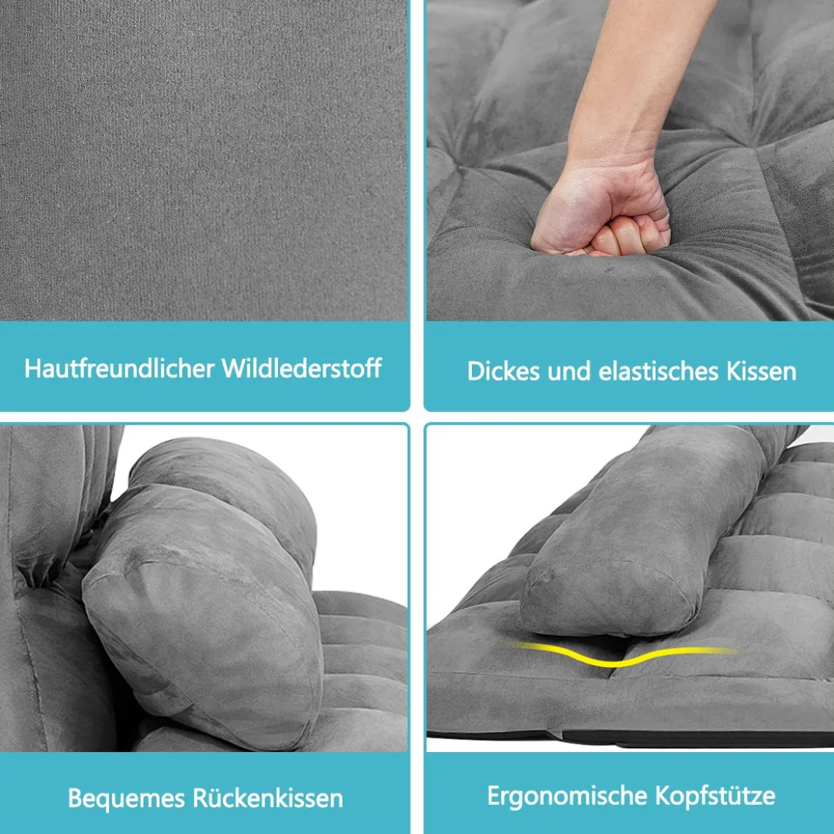 Bodensofa Einstellbares Bettsofa Schlafcouch Lazy Sofa Bett mit 2 Kissen Grau