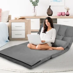 Bodensofa Einstellbares Bettsofa Schlafcouch Lazy Sofa Bett mit 2 Kissen Grau
