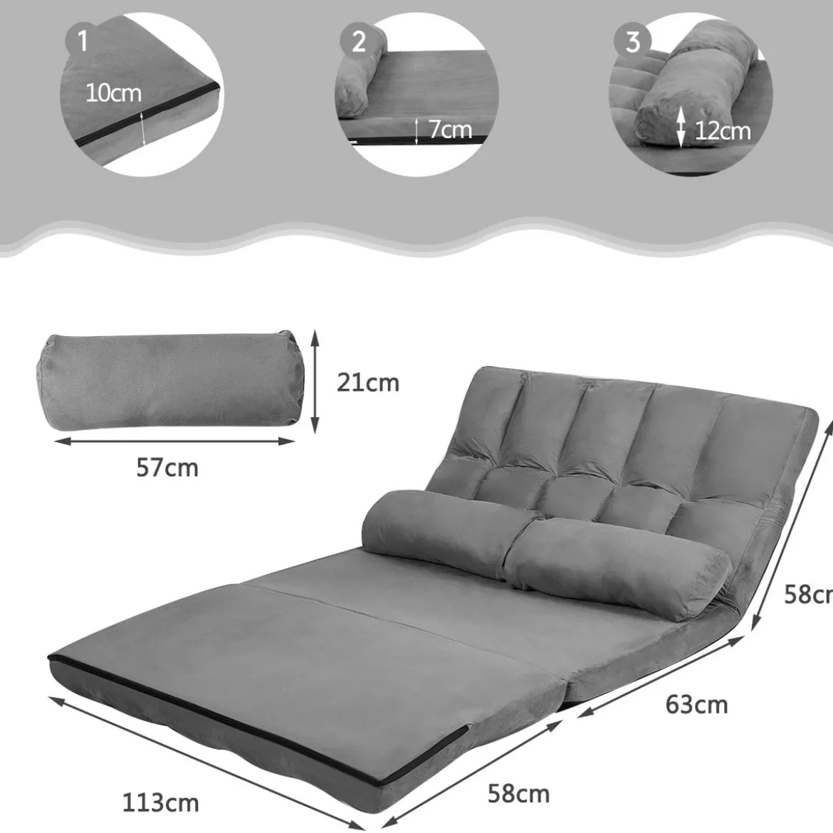 Bodensofa Einstellbares Bettsofa Schlafcouch Lazy Sofa Bett mit 2 Kissen Grau