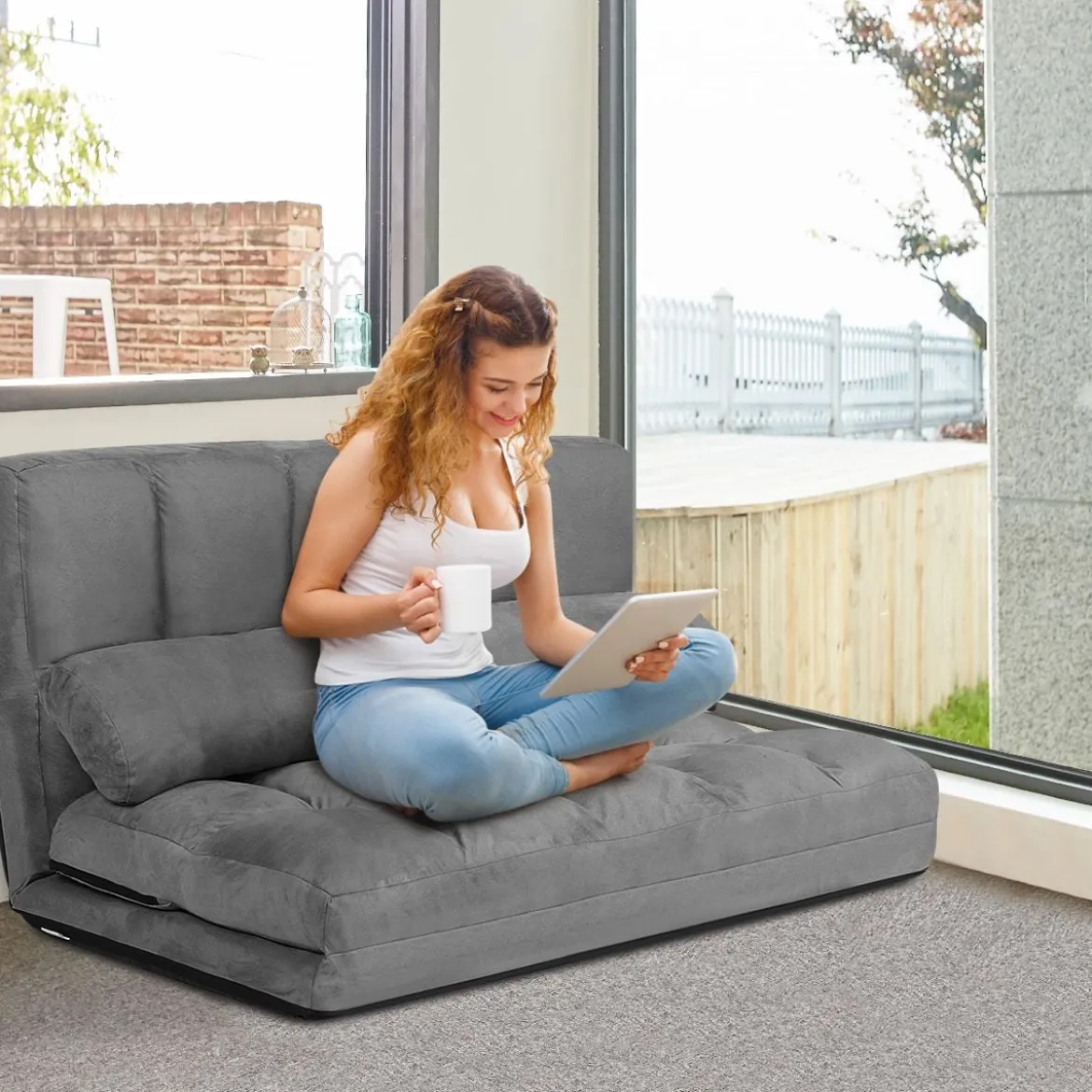 Bodensofa Einstellbares Bettsofa Schlafcouch Lazy Sofa Bett mit 2 Kissen Grau