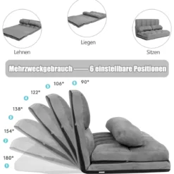 Bodensofa Einstellbares Bettsofa Schlafcouch Lazy Sofa Bett mit 2 Kissen Grau