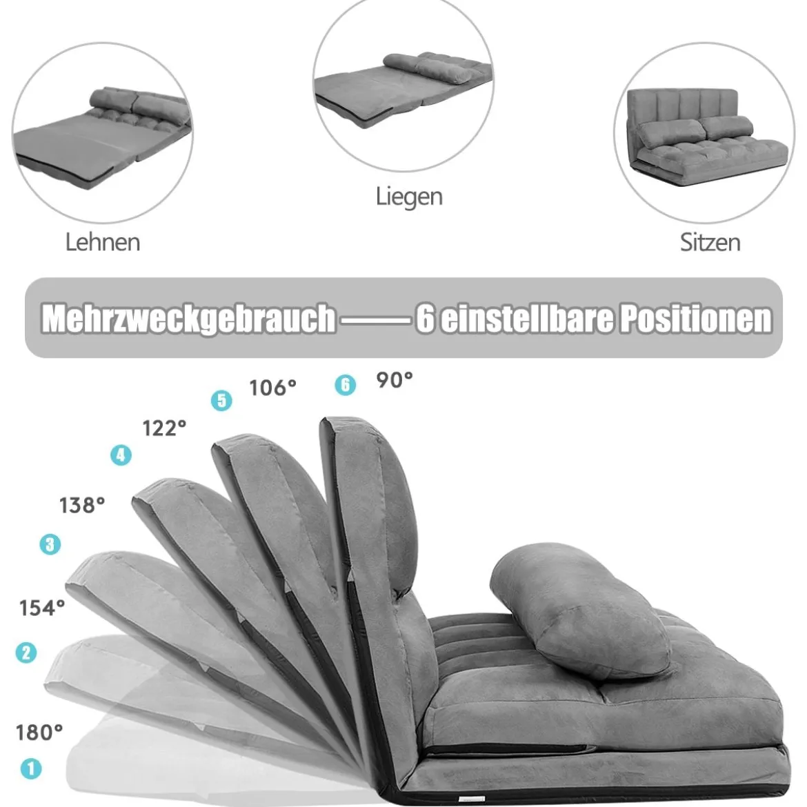 Bodensofa Einstellbares Bettsofa Schlafcouch Lazy Sofa Bett mit 2 Kissen Grau