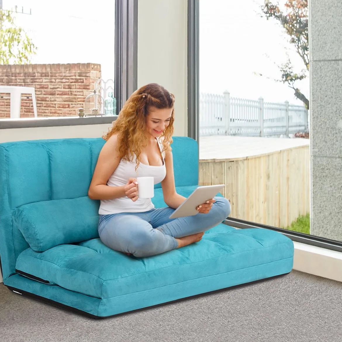 Bodensofa Einstellbares Bettsofa Schlafcouch Lazy Sofa Bett mit 2 Kissen Blau