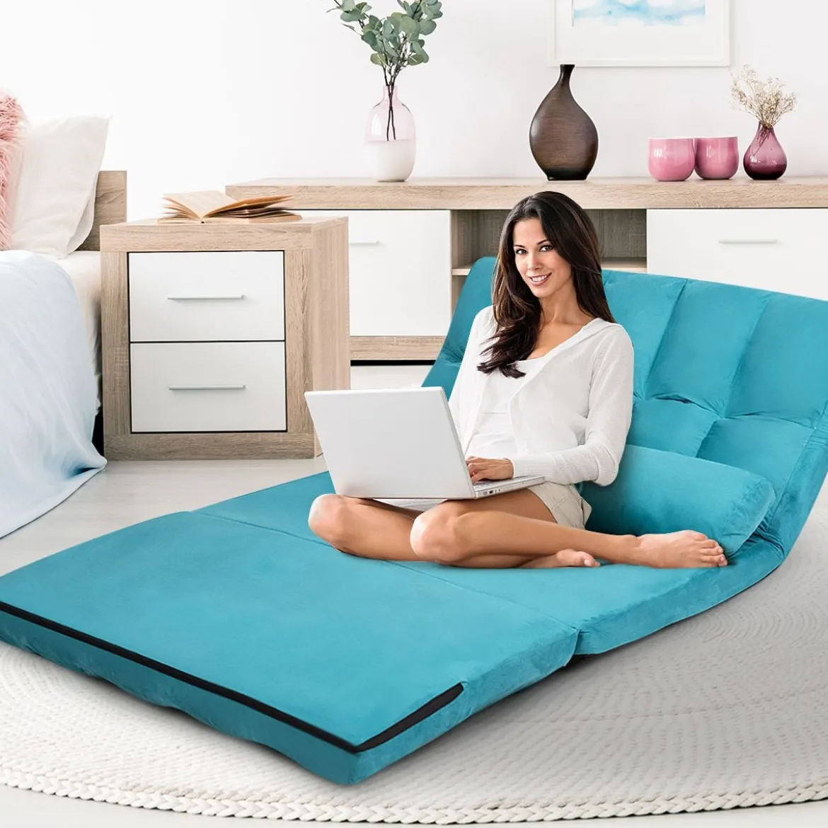Bodensofa Einstellbares Bettsofa Schlafcouch Lazy Sofa Bett mit 2 Kissen Blau