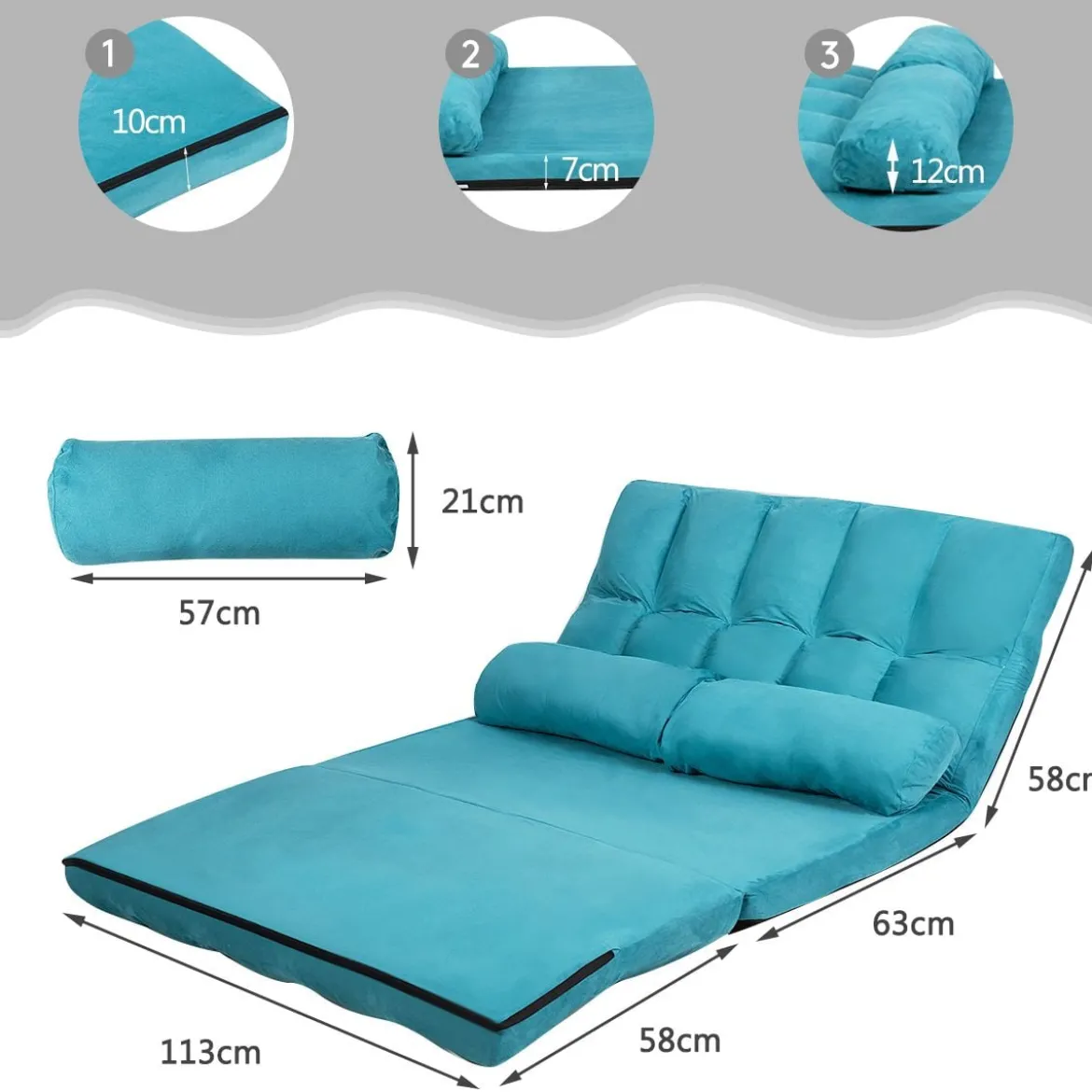 Bodensofa Einstellbares Bettsofa Schlafcouch Lazy Sofa Bett mit 2 Kissen Blau
