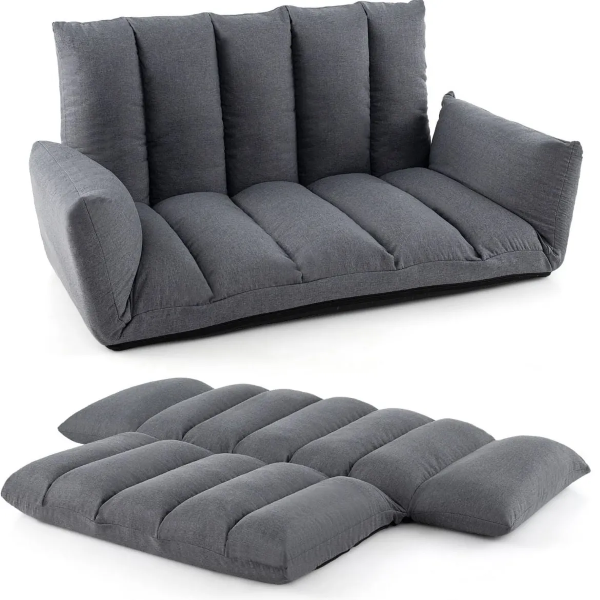 Bodensofa mit 5-Fach Verstellbarer Rückenlehne & Armlehnen Relaxsessel für Wohnzimmer Grau