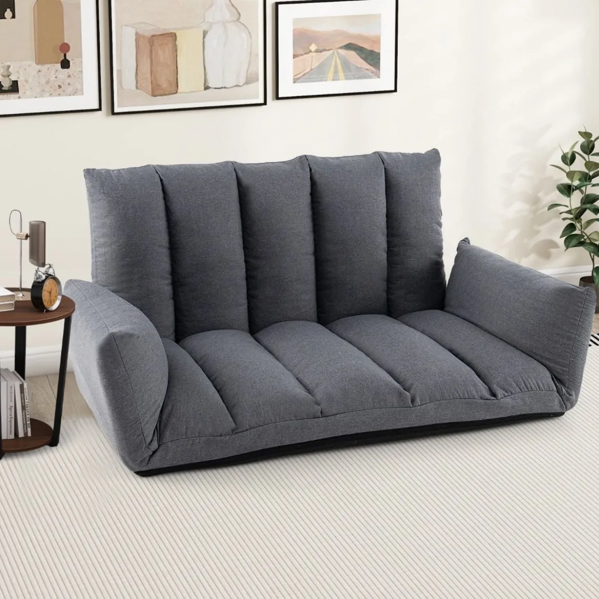 Bodensofa mit 5-Fach Verstellbarer Rückenlehne & Armlehnen Relaxsessel für Wohnzimmer Grau