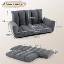 Bodensofa mit 5-Fach Verstellbarer Rückenlehne & Armlehnen Relaxsessel für Wohnzimmer Grau