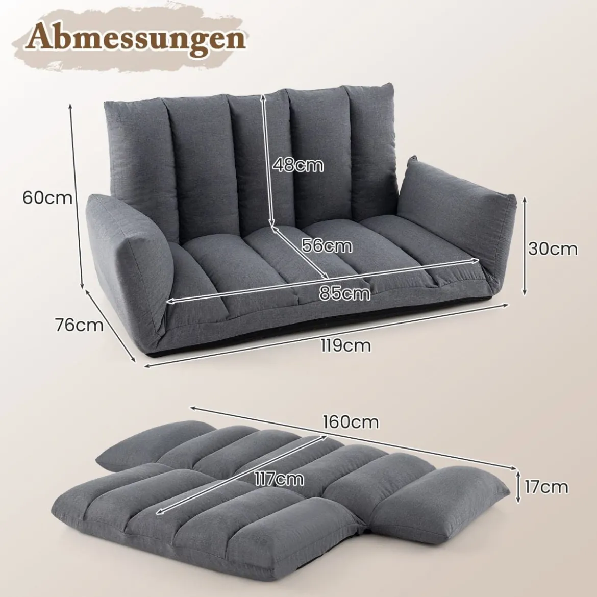 Bodensofa mit 5-Fach Verstellbarer Rückenlehne & Armlehnen Relaxsessel für Wohnzimmer Grau