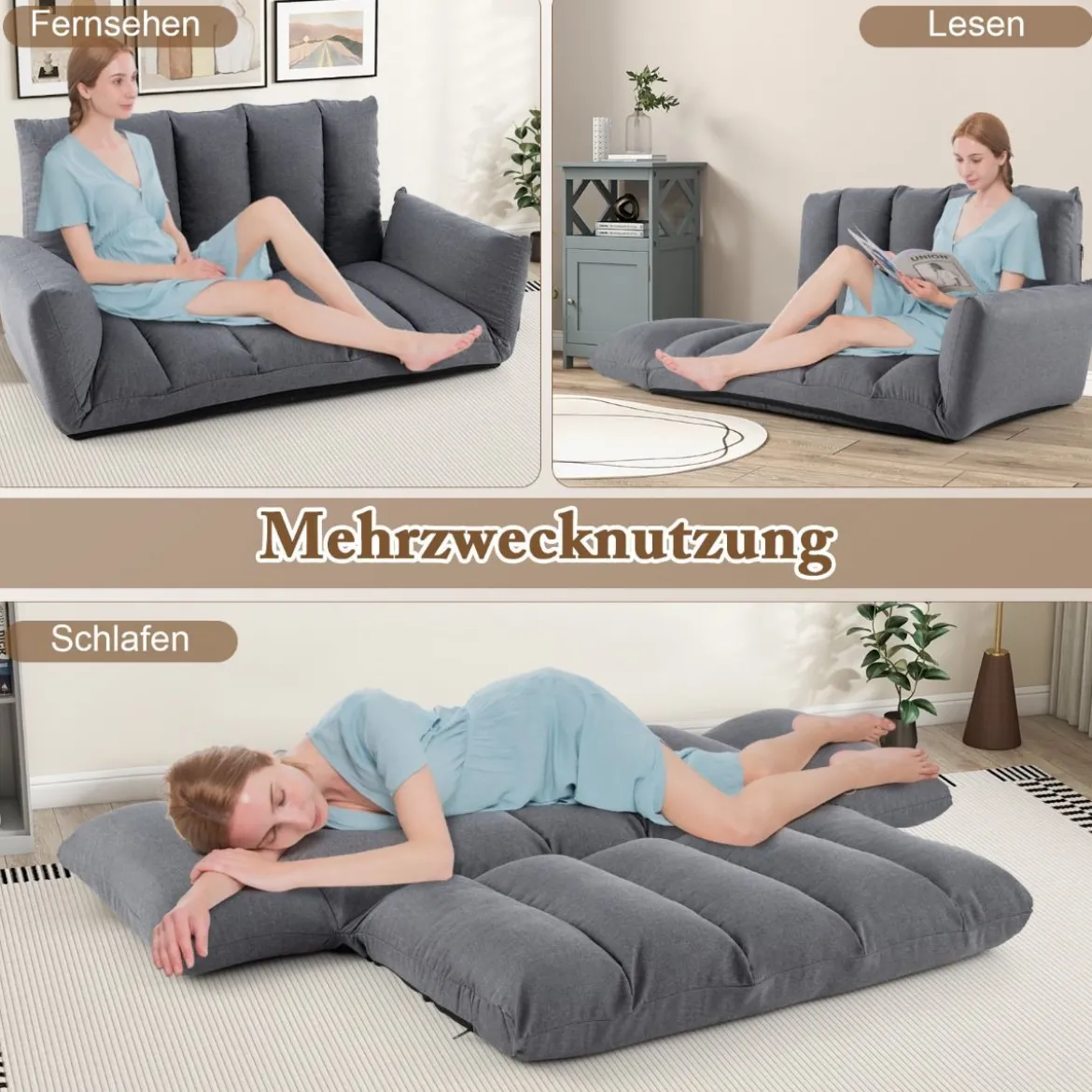 Bodensofa mit 5-Fach Verstellbarer Rückenlehne & Armlehnen Relaxsessel für Wohnzimmer Grau