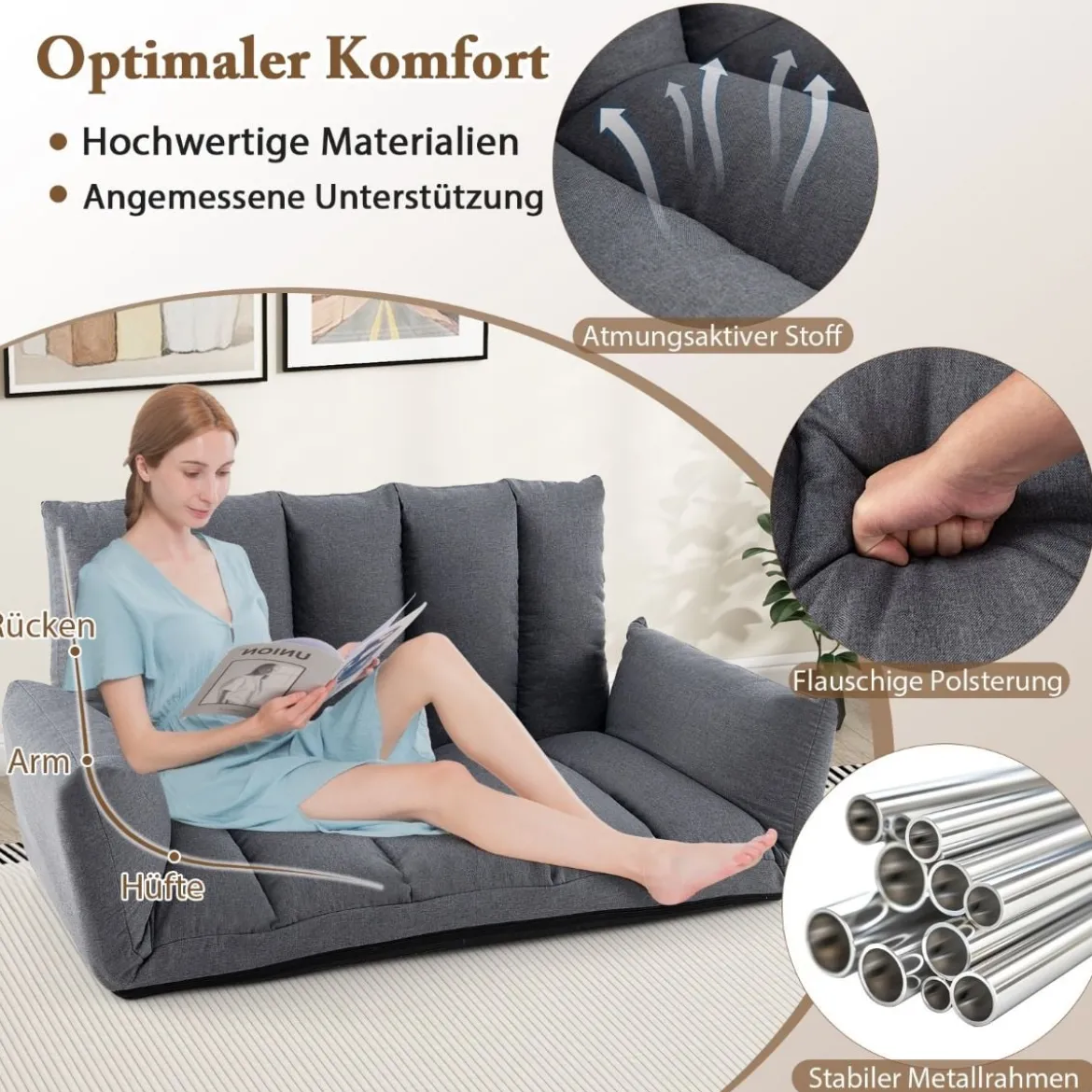 Bodensofa mit 5-Fach Verstellbarer Rückenlehne & Armlehnen Relaxsessel für Wohnzimmer Grau