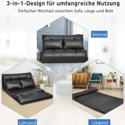 Bodensofa mit 2 Kissen Verstellbares Klappsofa aus Kunstleder Faltbar Schwarz