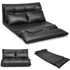Bodensofa mit 2 Kissen Verstellbares Klappsofa aus Kunstleder Faltbar Schwarz