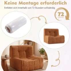 Bodensofa Sitzsack mit Einteiligem Schaumstoff & Teddyplüsch Bezug mit Zierknöpfen Braun/Weiß