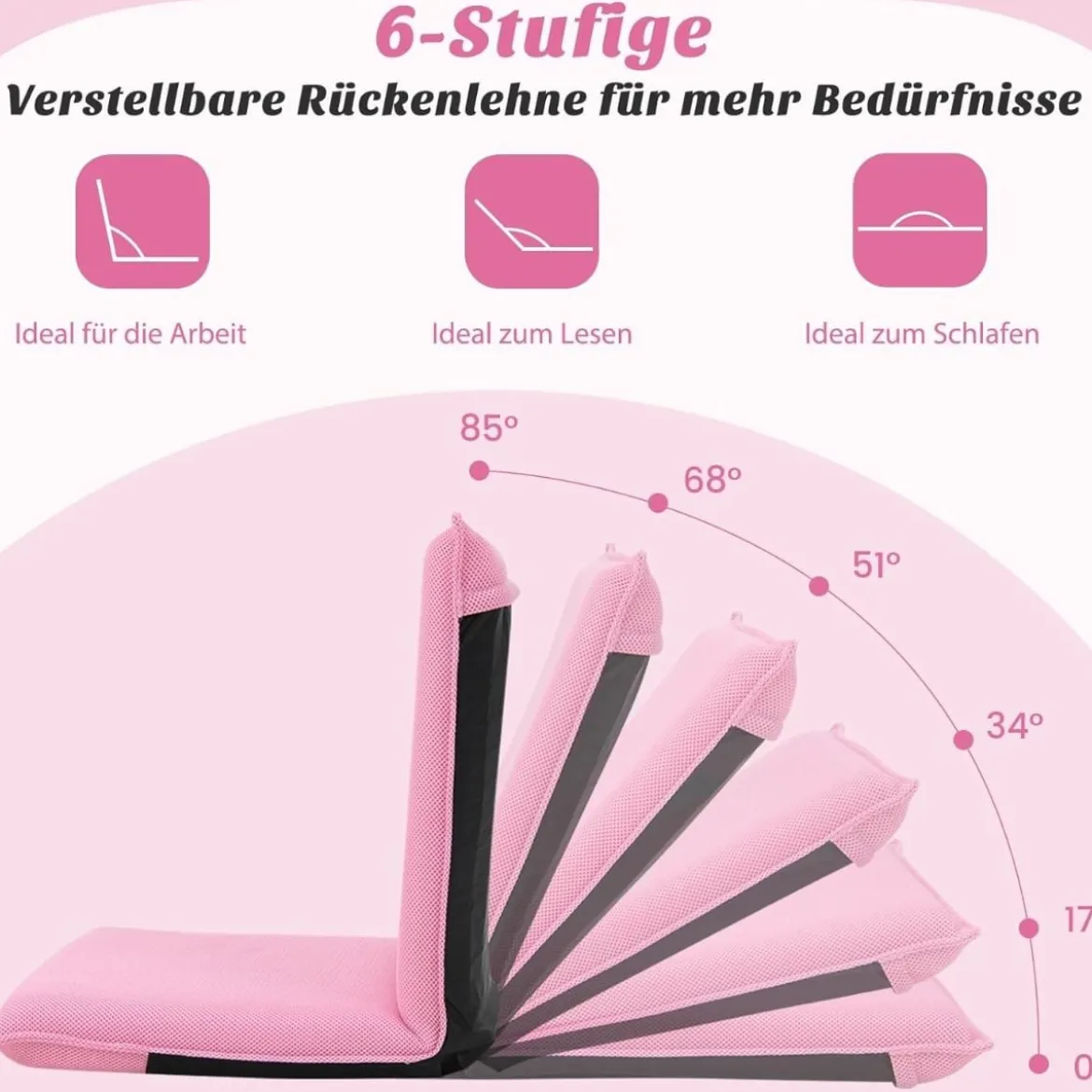 Bodenstuhl Bodensessel mit 6- stufig Verstellbarer Rückenlehne Game Sessel gepolstert Rosa