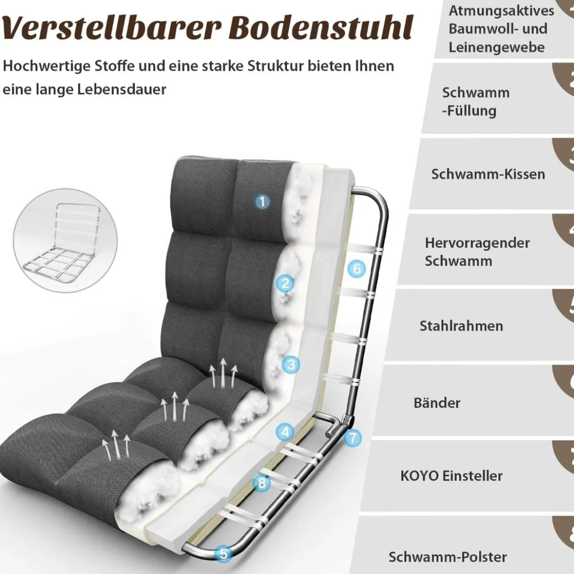 Bodenstuhl mit 14-fach Verstellbarer Lehne Bodensessel aus Schaumstoff 106,5 x 55,5 x 10 cm Dunkelgrau