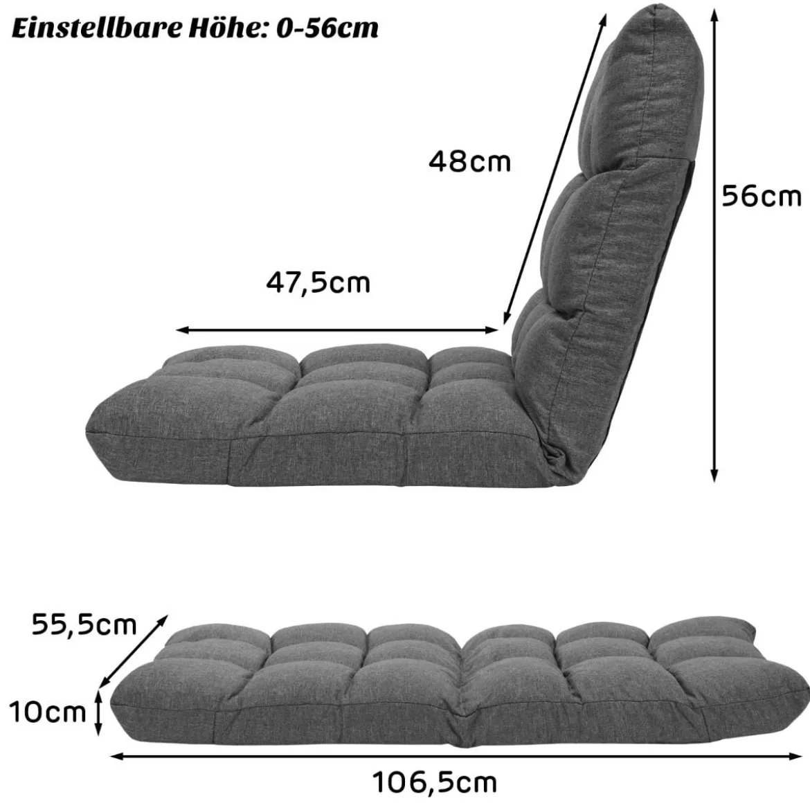 Bodenstuhl mit 14-fach Verstellbarer Lehne Bodensessel aus Schaumstoff 106,5 x 55,5 x 10 cm Dunkelgrau