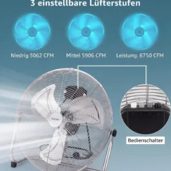 Bodenventilator φ51cm Windmaschine 160W mit 3 Geschwindigkeitsstufen Boden Ventilator im Chrom Design Silber