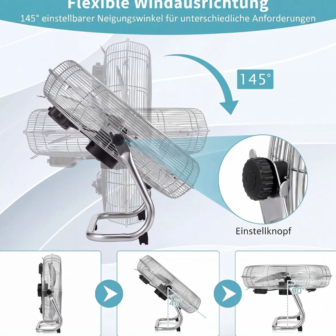 Bodenventilator φ51cm Windmaschine 160W mit 3 Geschwindigkeitsstufen Boden Ventilator im Chrom Design Silber
