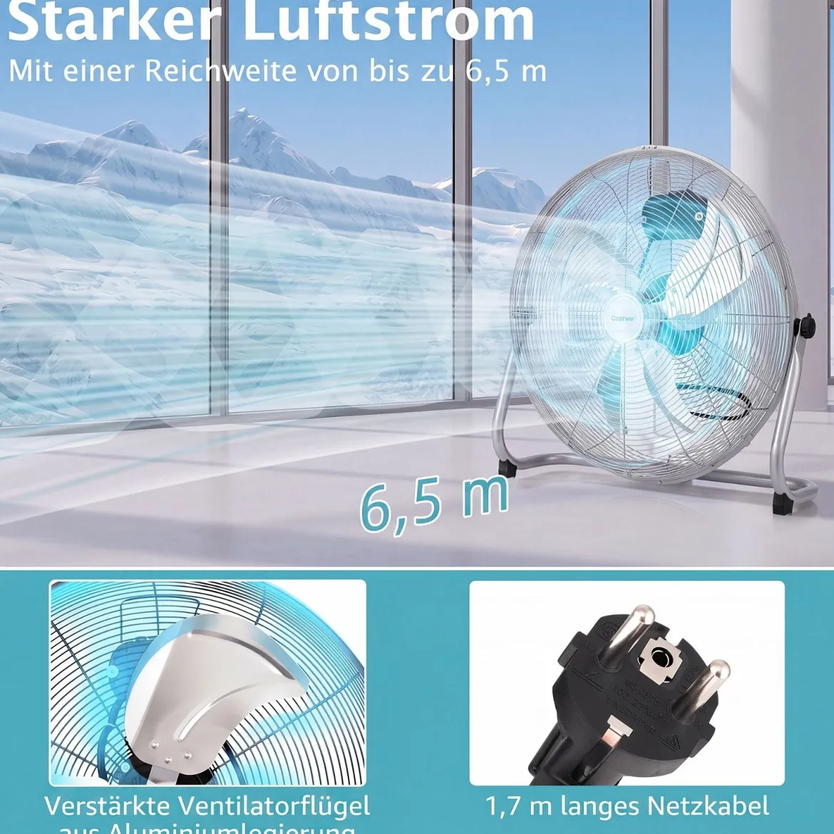 Bodenventilator φ51cm Windmaschine 160W mit 3 Geschwindigkeitsstufen Boden Ventilator im Chrom Design Silber