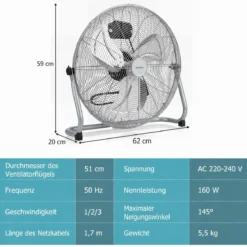 Bodenventilator φ51cm Windmaschine 160W mit 3 Geschwindigkeitsstufen Boden Ventilator im Chrom Design Silber