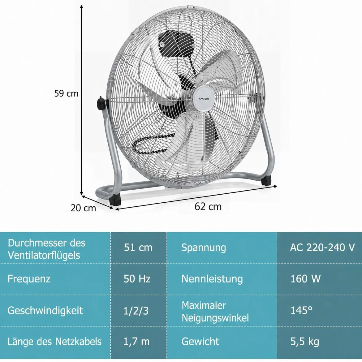 Bodenventilator φ51cm Windmaschine 160W mit 3 Geschwindigkeitsstufen Boden Ventilator im Chrom Design Silber