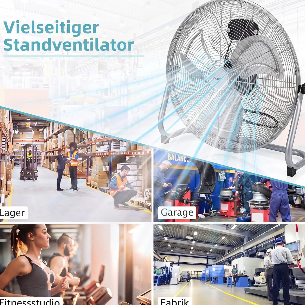 Bodenventilator φ51cm Windmaschine 160W mit 3 Geschwindigkeitsstufen Boden Ventilator im Chrom Design Silber