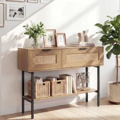 Boho Konsolentisch mit 2 Fächern & Offene Ablage Schmaler Flurtisch Blastbar bis 90 kg Natur