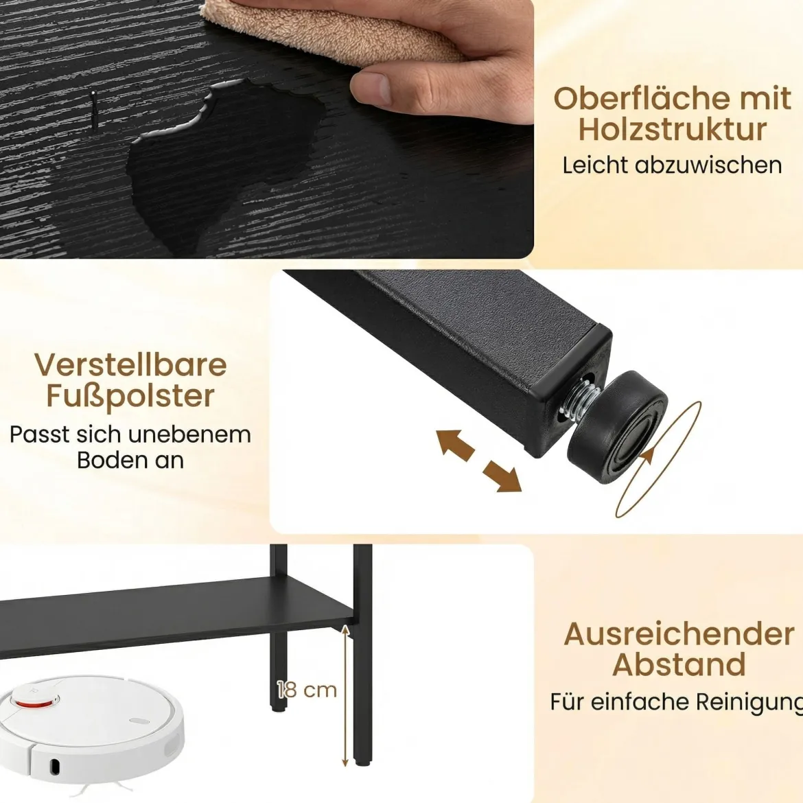 Boho Konsolentisch mit 2 Fächern & Offene Ablage Schmaler Flurtisch Blastbar bis 90 kg Schwarz