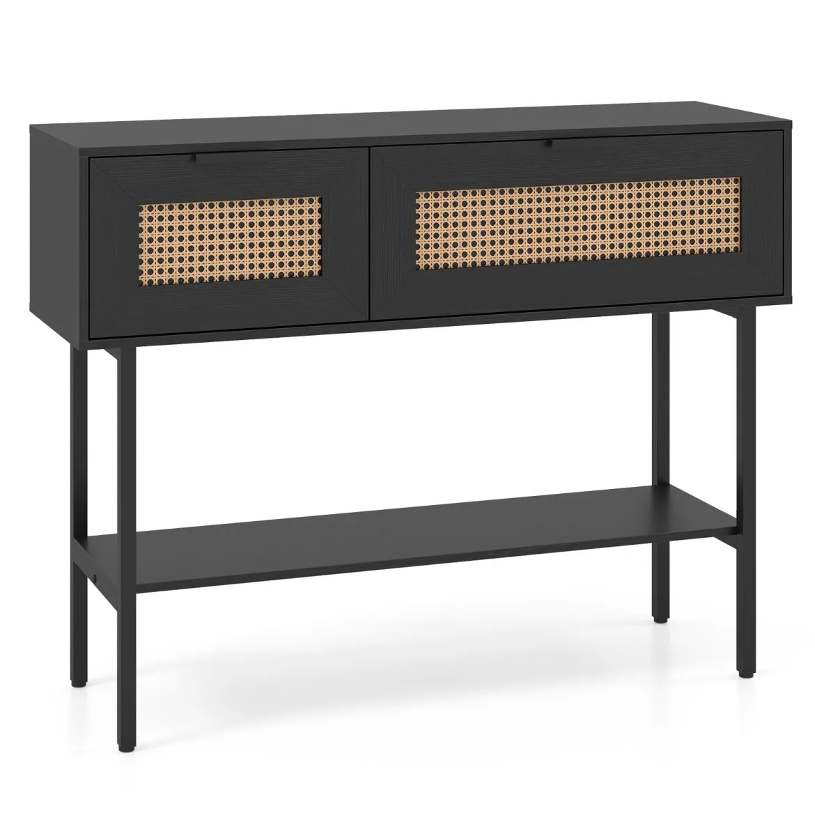 Boho Konsolentisch mit 2 Fächern & Offene Ablage Schmaler Flurtisch Blastbar bis 90 kg Schwarz