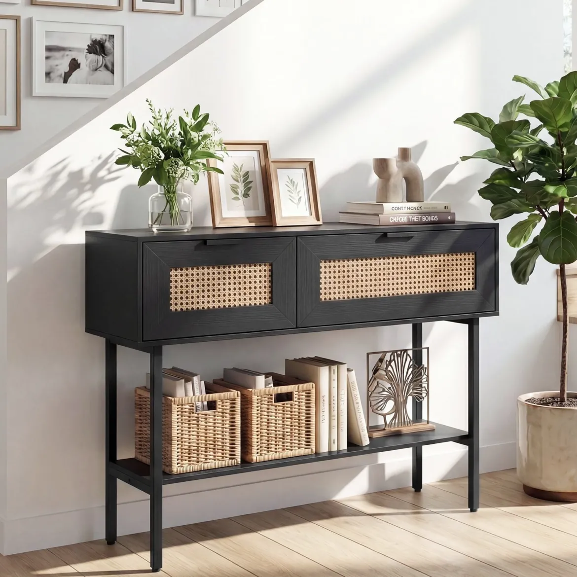 Boho Konsolentisch mit 2 Fächern & Offene Ablage Schmaler Flurtisch Blastbar bis 90 kg Schwarz