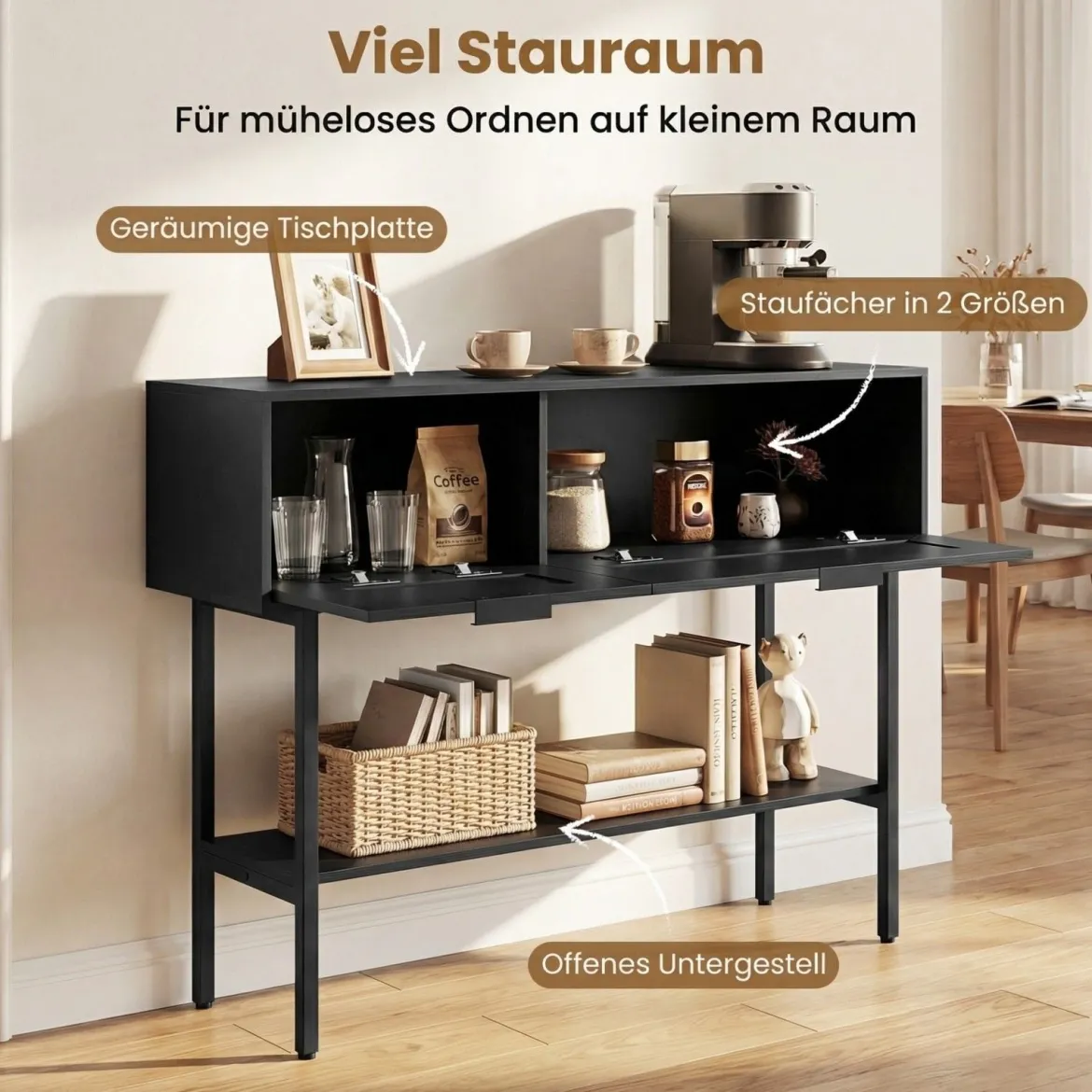 Boho Konsolentisch mit 2 Fächern & Offene Ablage Schmaler Flurtisch Blastbar bis 90 kg Schwarz