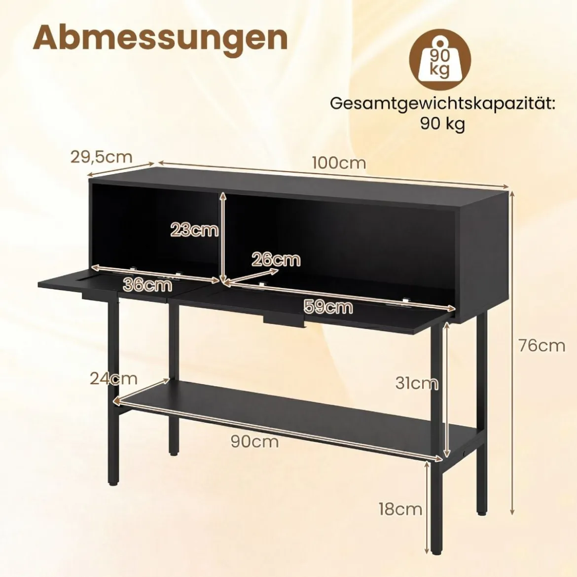 Boho Konsolentisch mit 2 Fächern & Offene Ablage Schmaler Flurtisch Blastbar bis 90 kg Schwarz