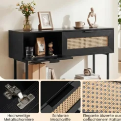 Boho Konsolentisch mit 2 Fächern & Offene Ablage Schmaler Flurtisch Blastbar bis 90 kg Schwarz