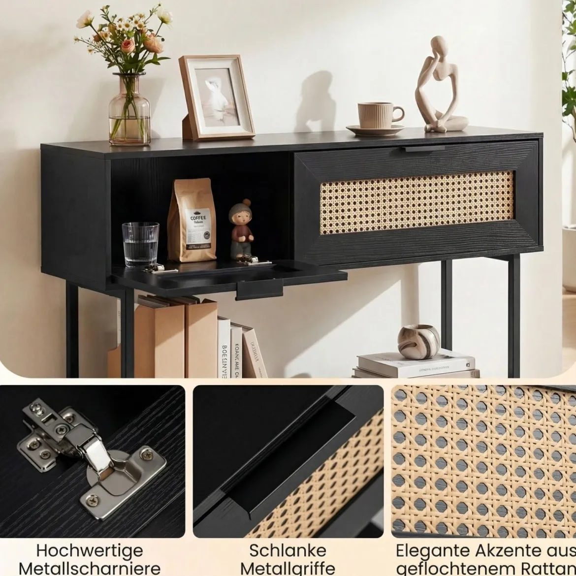 Boho Konsolentisch mit 2 Fächern & Offene Ablage Schmaler Flurtisch Blastbar bis 90 kg Schwarz
