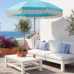 Boho Sonnenschirm Beidseitig um 30° Knickbar 170 cm Gartenschirm mit Fransen Balkonschirm Blau/Grün