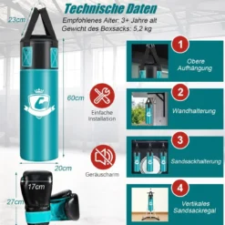 Boxsack Set mit 8oz Boxhandschuhen Handschlaufen Tasche Punchingsack für Kinder und Erwachsene Schwarz + Grün