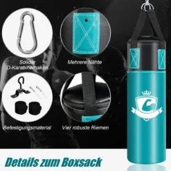 Boxsack Set mit 8oz Boxhandschuhen Handschlaufen Tasche Punchingsack für Kinder und Erwachsene Schwarz + Grün