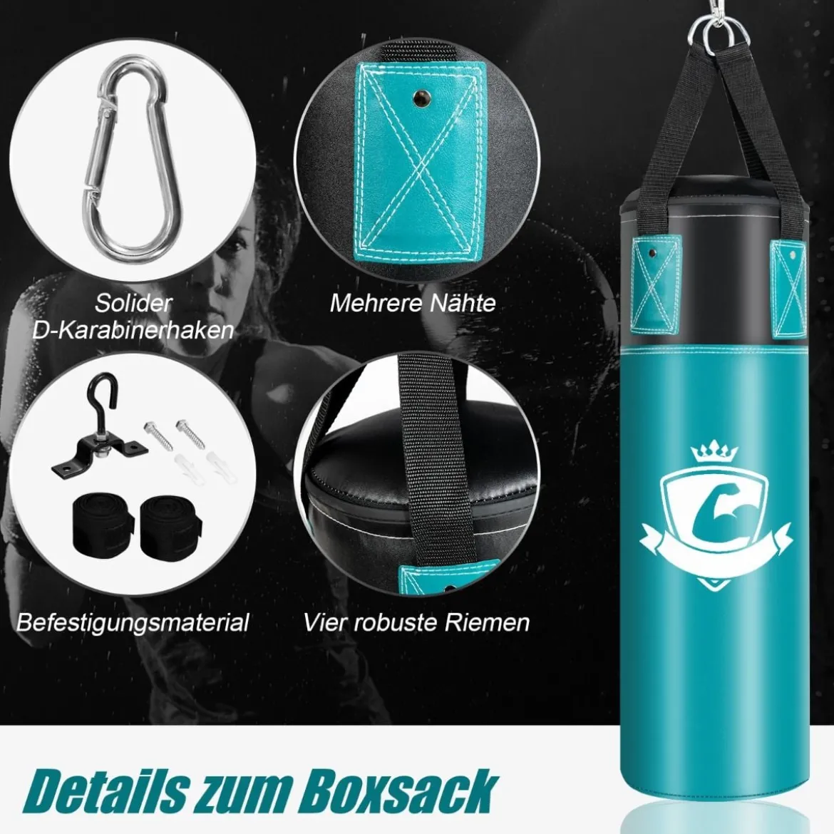 Boxsack Set mit 8oz Boxhandschuhen Handschlaufen Tasche Punchingsack für Kinder und Erwachsene Schwarz + Grün