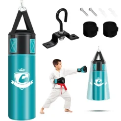 Boxsack Set mit 8oz Boxhandschuhen Handschlaufen Tasche Punchingsack für Kinder und Erwachsene Schwarz + Grün