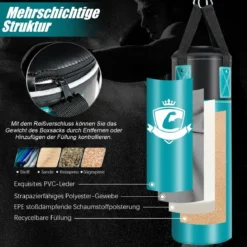 Boxsack Set mit 8oz Boxhandschuhen Handschlaufen Tasche Punchingsack für Kinder und Erwachsene Schwarz + Grün