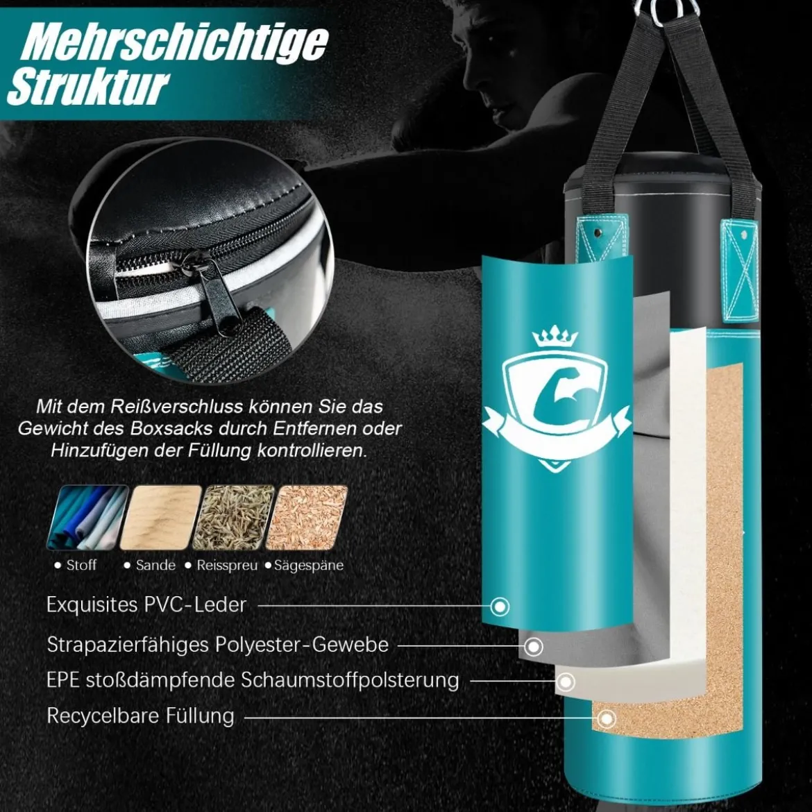 Boxsack Set mit 8oz Boxhandschuhen Handschlaufen Tasche Punchingsack für Kinder und Erwachsene Schwarz + Grün