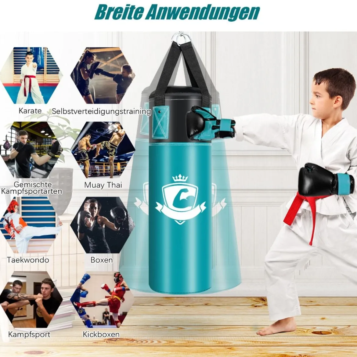 Boxsack Set mit 8oz Boxhandschuhen Handschlaufen Tasche Punchingsack für Kinder und Erwachsene Schwarz + Grün